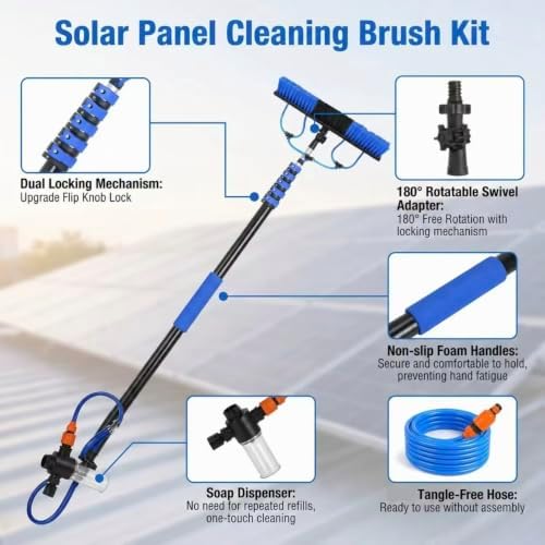 Solar Panel Cleaning Brush Kit with 5-24FT Telescopic Pole Water Fed Brush Window Gutter Cleaning Tool 20'' Wide Brush,Soap Dispenser, Squeegee & Cobweb Duster for Roof RV Deck Snow Removal