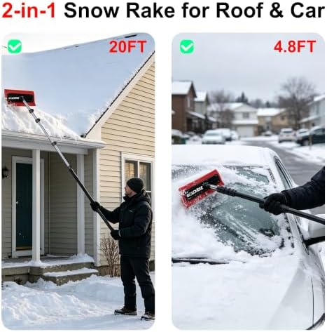 Telescoping Roof Rake for Snow Removal, 20FT Extendable Snow Rake, EVA Head