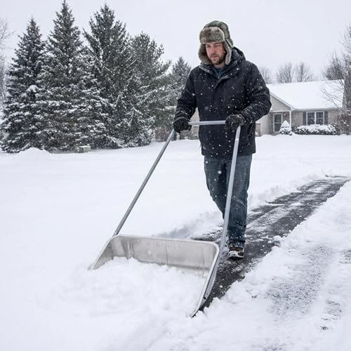 Cinnvoice 28" Wide Double Pole Snow Shovel Sleigh Scoop Shovel for Driveway Heavy Duty Aluminum Blade Remover Ergonomic Handle Barn Pusher Hand Plow, Easily Remove Sidewalks Ice Removal Winter Tool
