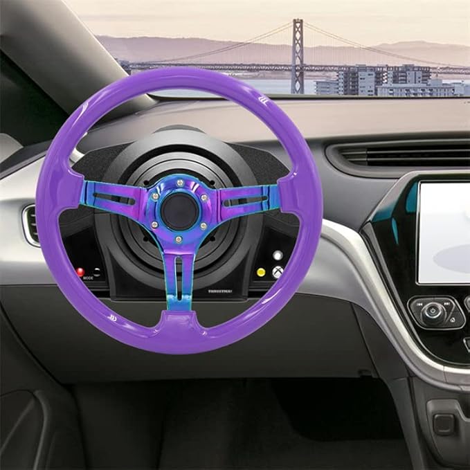 350mm 14" Racing Sport Steering Wheel Drifting Deep Dish 6 Bolts Purple Classic ABS Steering Wheel with Neo Chrome Spoke and Horn Button