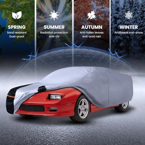 Multi-Layer Car Cover Custom Fit for Pontiac Firebird(1992-2002), 100% Waterproof All Weather for Automobiles, Gift with Towel, Heavy Duty Car Covers for Rain Sun UV Protection with Door Zipper