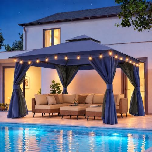 LAUSAINT HOME 12x12 Gazebo with Lights, Netting, Curtains & Double Roof