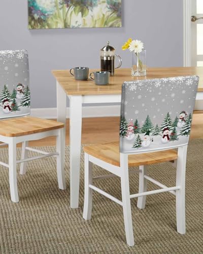 Christmas Snowman Chair Back Covers Set of 8 Xmas Tree Snowflakes Forest Grey Gradient Bottom Washable Removable Chair Cover Slipcover Protector for Dining Room Hotel Party Holiday Decor