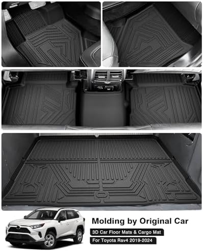 Powerty Floor Mats Cargo Liner for 2019-2025 Toyota RAV4 All Weather 3D TPE Anti-Slip Car Protection, 1st & 2nd Row Set with Rear Cargo Mat Accessories