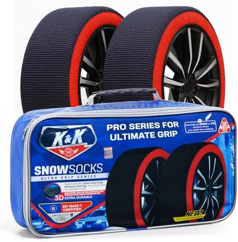 K&K Auto Snow Socks for Tires – Pro Series for Ultimate Grip Approved Snow Chain Alternative Traction Device – Tire Sock for SUV Van Pickup Truck – Winter Travel Accessory Emergency Kit – XXL (2pcs)