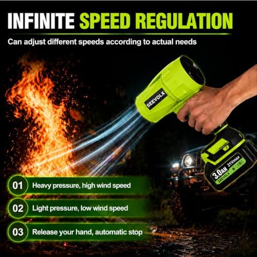 SEEVOLX Cordless Leaf Blower with 21V 3.0Ah Battery & Charger, 700 CFM Lightweight Handheld Blower, 800,000 RPM, 50+ m/s for Lawn, Patio, Leaves, Dust & Car Drying, Emerald Green