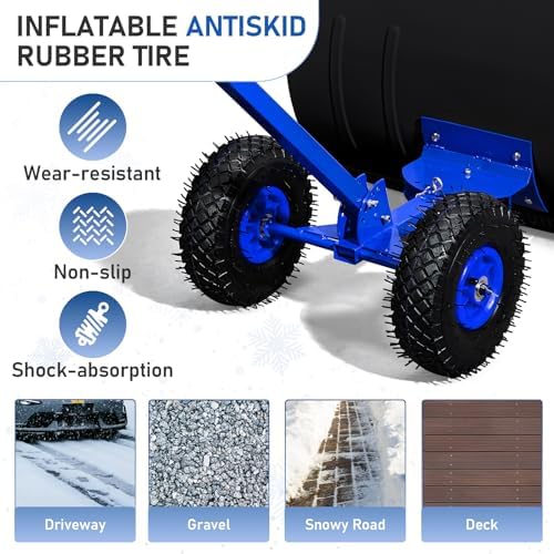 VINGLI Snow Pusher Shovel with Wheels, 29" Adjustable Ergonomic T-Handle Snow Plow for Driveway, Heavy Duty Wheeled Rolling Shovels for Snow Removal, Angle Adjustable (Black & Blue)