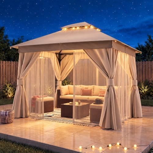 LAUSAINT HOME 10x10 Gazebo Canopy with Netting, Curtains & Double Roof