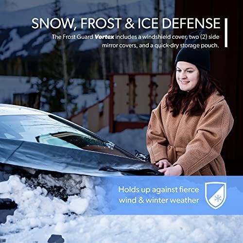 FrostGuard Vortex | Full-Coverage Car Windshield Cover for Ice and Snow, Standard Size (Black) - Wiper Blade + Side Mirror Coverage - Fit-Fast Straps, Security Panels + Storage Pouch - 59 x 41 Inches