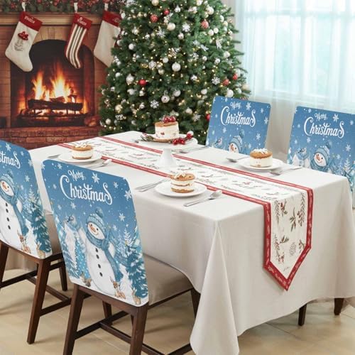 Christmas Snowman Chair Back Covers Set of 6 Xmas Tree Snowflake Blue Washable Removable Chair Cover Slipcover Protector for Dining Room Hotel Party Holiday Decor