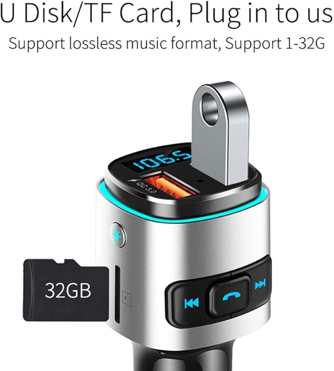 Bluetooth FM Transmitter for Car, Wireless Bluetooth FM Radio Adapter Car Kit with Hands-Free Calling and 2 Ports USB QC 3.0 Fast Charger Voltage Detection
