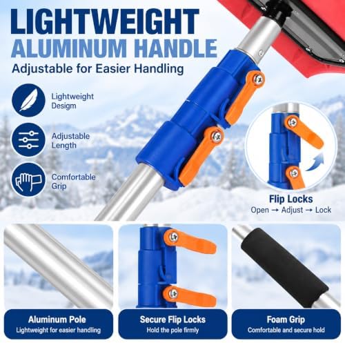 Roof Snow Rake, 5-12 Ft Aluminum Pole, Foam Pad for Roofs