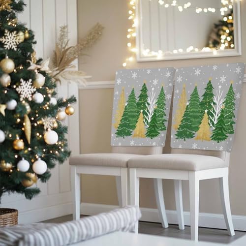 Christmas Tree Chair Back Covers Set of 8 Winter Snowflakes Stars Green Gold Tree Grey Bottom Washable Removable Chair Cover Slipcover Protector for Dining Room Hotel Party Holiday Decor