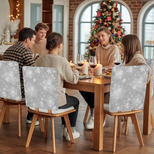 Grey Christmas Snowflake Chair Back Covers Set of 8 Winter Shinny White Stars Retro Washable Removable Chair Cover Slipcover Protector for Dining Room Hotel Party Holiday Decor