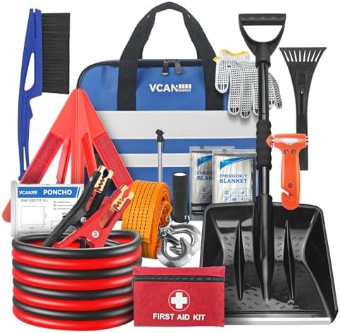 VCANENERGY Car Emergency Kit with Jumper Cable, First Aid Kit, Winter Travel Assistance with Detachable Snow Shovel, Safety Emergency Kit for Cars, Trucks