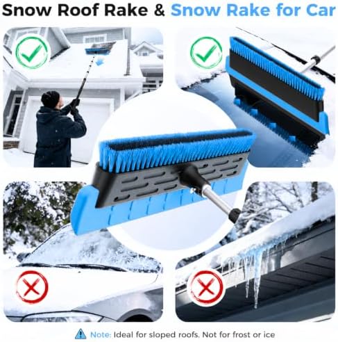 Year-Round Roof Rakes for Snow, Leaves & Moss – 16” No-Scratch Foam Blade & Roof Brush, 4.7-21ft Telescoping Snow Rake for Roof, Solar Panels, RVs & Cars, C-Shaped Push/Pull -Patent Pending