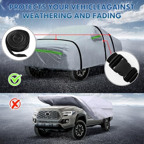 6-Layer Full Car Cover is All-Weather Waterproof, Universal in All Seasons, Snow Prevention, Rainproof, Acid Rainproof, Sunscreen, Ultraviolet-Proof, Fit SUV 214"-236" Green Reflective Strip