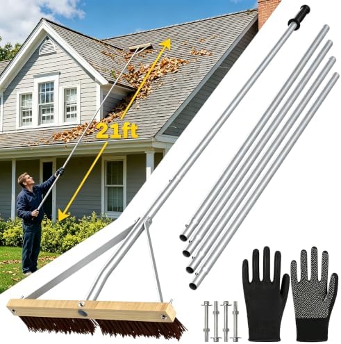 Huracan Leaf Roof Brush Year-Round, Snow Roof Rake with Gloves, 5-21ft Adjustable Leaves Snow Removal Tool, Anti-Slip Handle Cleaning Brush Extension Aluminum Poles, for Cars Shingles Solar Panels