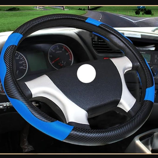 15 Inch Steering Wheel Cover - Carbon Fiber Pattern & Faux Leather, Anti-Slip Grip, Breathable Comfort for Long-Haul Drivers - Black Blue