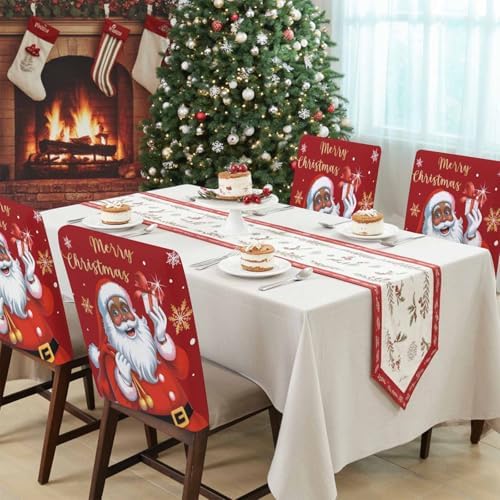 Merry Christmas Chair Back Covers Set of 8 Black Santa Claus Xmas Snowflake Gold Red Washable Removable Chair Cover Slipcover Protector for Dining Room Hotel Party Holiday Decor