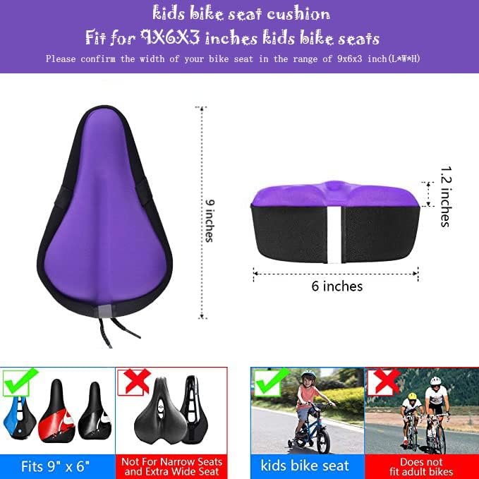 Kids Gel Bike Seat Cushion Cover for Boys & Girls, 9"x6" Breathable & Extra Soft Memory Foam Children Bicycle Saddle Pad with Water&Dust Resistant Cover