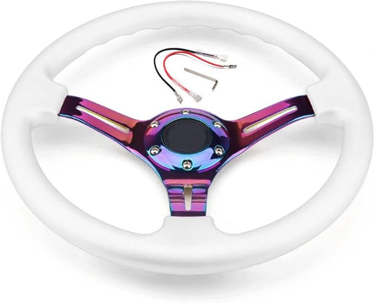 Car Sports Steering Wheel With Rainbow Spokes Classic White Racing Steering Wheel Fit Car and Simulation Pc Game Boat