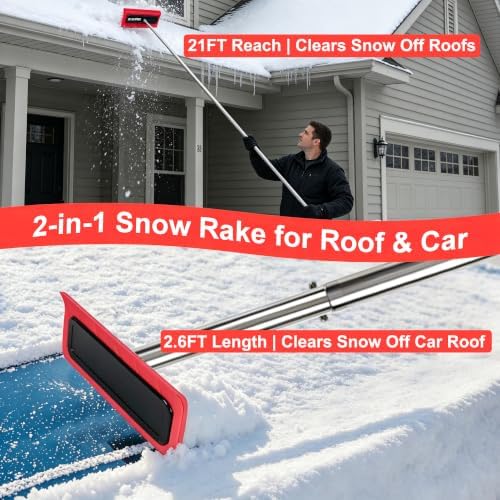 Snow Roof Rake Brush, Adjustable 2.6-21FT Aluminum Roof Snow Removal Tool