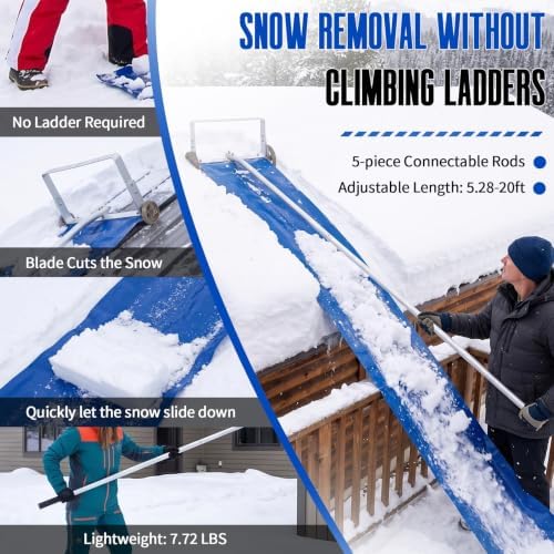 Outvita Snow Roof Rake, 5.3-20FT Extendable Aluminum Pole, Blue