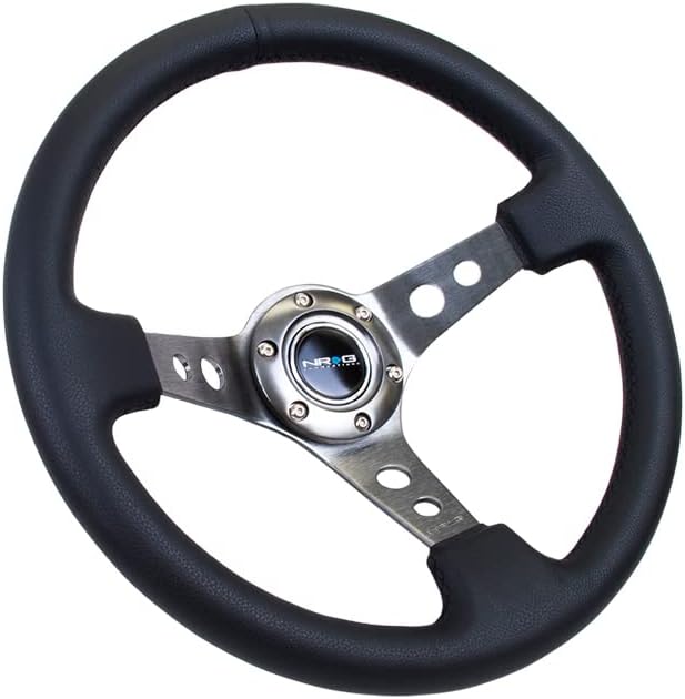 NRG Innovations NRG-RST-006GM Reinforced Steering Wheel - 350mm Sport Steering Wheel (3" Deep) - Gun Metal Spoke with Round holes, Black Leather