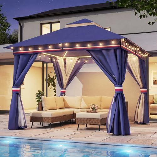 LAUSAINT HOME 10x10 Gazebo with Lights, Netting, Curtains & Double Roof