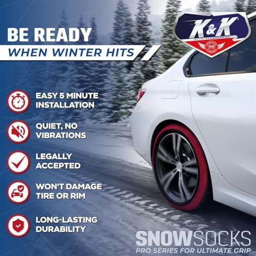 K&K Auto Snow Socks for Tires – Pro Series for Ultimate Grip Approved Snow Chain Alternative Traction Device – Tire Sock for Car Sedan Coupe – Winter Travel Accessory Emergency Kit – Medium (2pcs)