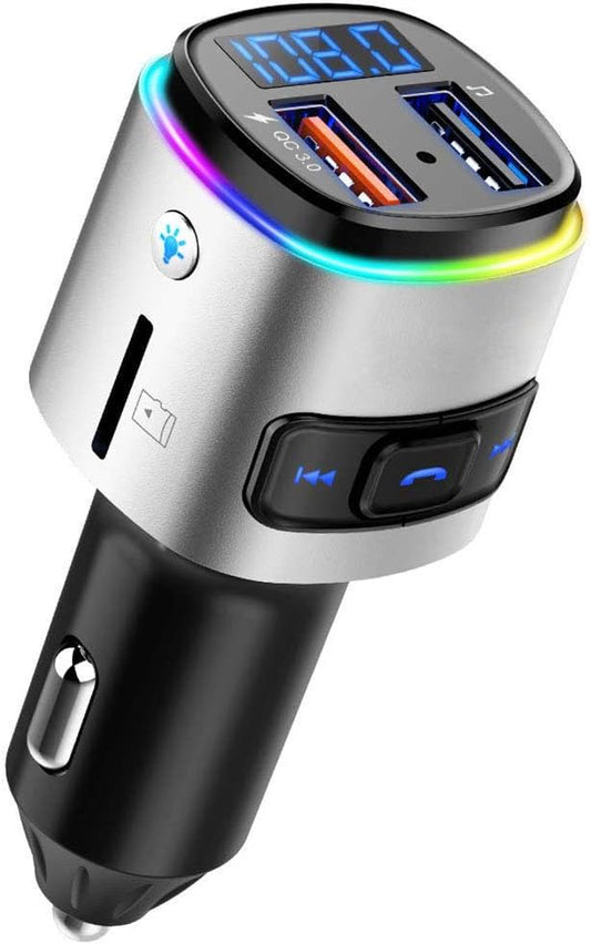 Bluetooth FM Transmitter for Car, Wireless Bluetooth FM Radio Adapter Car Kit with Hands-Free Calling and 2 Ports USB QC 3.0 Fast Charger Voltage Detection