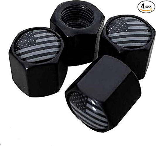 TACTILIAN American Flag Tire Valve Stem Caps 4 Pack | Black Subdued Aluminum with Rubber O-Ring Air Leakproof Valve Caps Cover fits Cars, Trucks, Bikes, Motorcycles, Bicycles Tire Caps