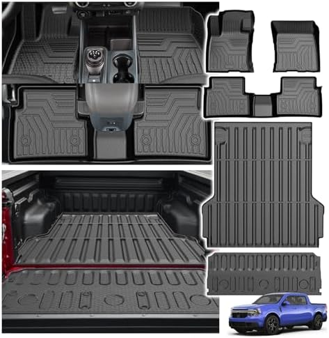 Powerty Floor Mats for 2022-2026 2027 Ford Maverick Gas Model Accessories All Weather TPE Truck Bed Mat Tailgate Liner Protector Replacement Full Set for Maverick