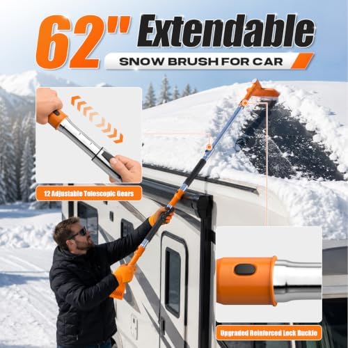 62'' Extendable Snow Brush & Ice Scrapers, Snow Shovel for Car Truck SUV
