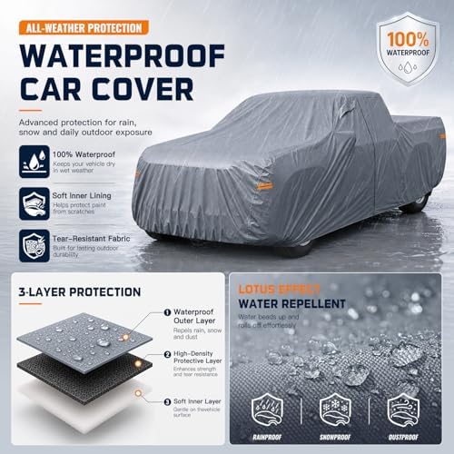 Truck Cover Waterproof All-Weather,Outdoor Full Exterior Pickup Covers Custom Fit for Ford F100 150,Toyota Tacoma,Nissan Frontier,Chevy C10,GMC Canyon Sierra 1500 etc Size T1(See Size Chart)