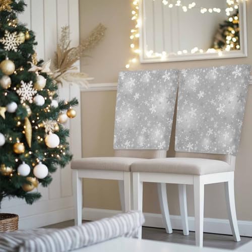Grey Christmas Snowflake Chair Back Covers Set of 6 Winter Shinny White Stars Retro Washable Removable Chair Cover Slipcover Protector for Dining Room Hotel Party Holiday Decor