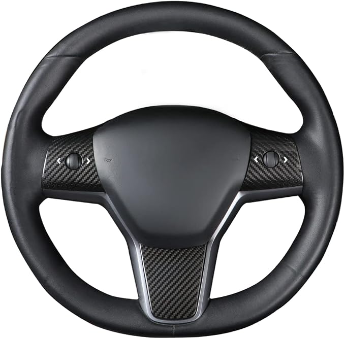 JSWAN Carbon Fiber Steering Wheel Panel Cover for Tesla Model 3 (2017 to 2023) Model Y (2020 to 2024) Steering Wheel Button Frame Wrap Accessories (Bright Black Panel Cover)