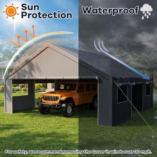 20x20 Heavy Duty Carport, Large 2 Car Ports, Grey