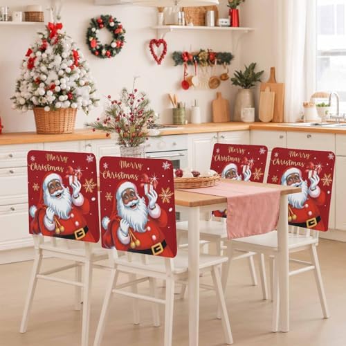 Merry Christmas Chair Back Covers Set of 4 Black Santa Claus Xmas Snowflake Gold Red Washable Removable Chair Cover Slipcover Protector for Dining Room Hotel Party Holiday Decor