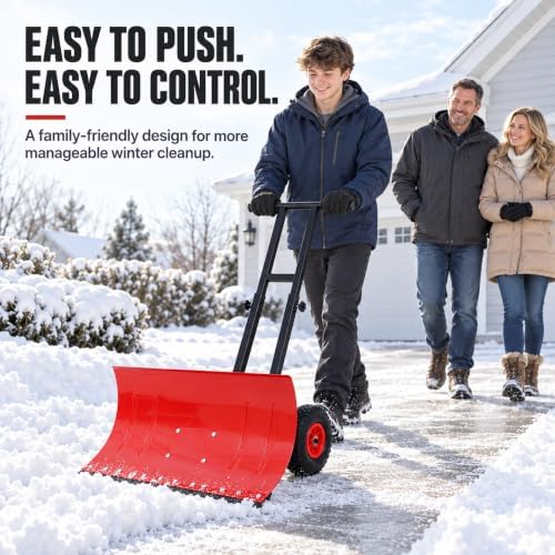 Snow Shovel with Wheels, for Efficient Snow Removal (Dual Bar - Red)