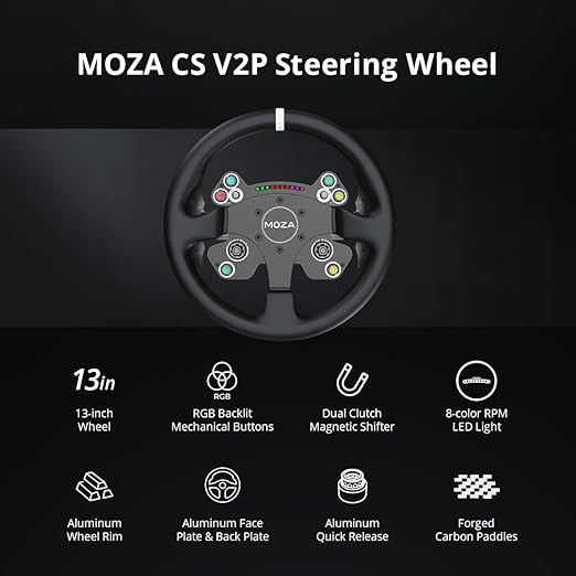 MOZA CS V2P Racing Wheel for PC Gaming Steering Wheel, 13 Inch Aviation Grade Aluminum Alloy Rim, Carbon Fiber paddles, RGB Indicator, Pressable Joysticks and customizable controls