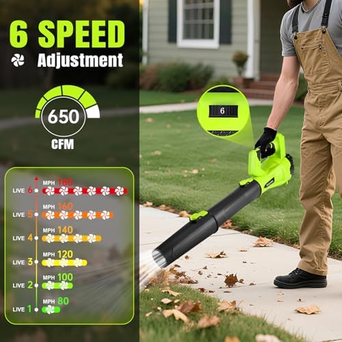 Leaf Blower Cordless 650CFM with 3x4.0Ah Battery & Fast Charger, Green