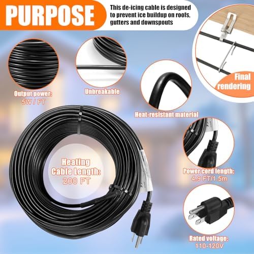 Retisee 200 ft Roof Snow Deicing Cable Kit 5 Watts Per Foot Deicing Heating Cable Plug in Heat Tape for Roof and Gutters with Mounting Buckle, 110V