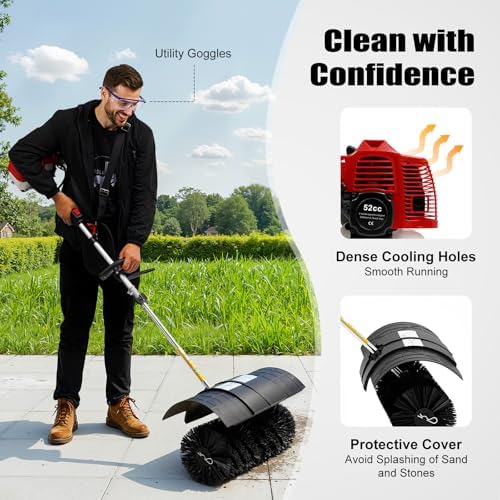 2-Stroke 2.3HP Gas Powered Leaf Blower & Lawn Sweeper, 52CC Handheld Backpack Sweeper with 20.47-Inch Brush, Shoulder Strap & Protective Cover, Snow Blower for Driveway Sidewalk Garden Debris Removal