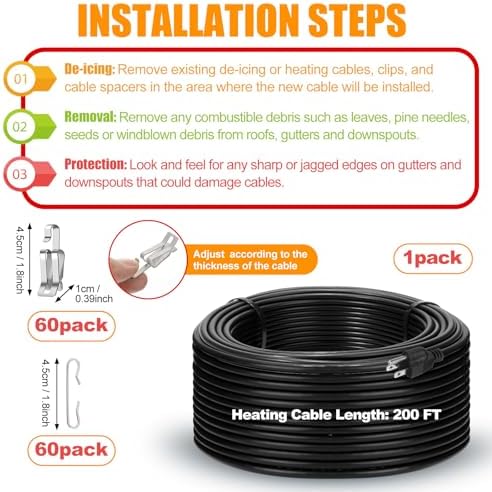 Retisee 200 ft Roof Snow Deicing Cable Kit 5 Watts Per Foot Deicing Heating Cable Plug in Heat Tape for Roof and Gutters with Mounting Buckle, 110V