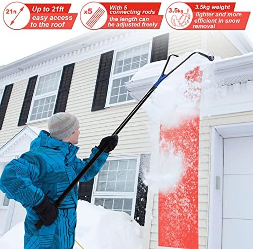 Roof Snow Rake 6-21FT, 19" Cutter with Wheels & Slide for Shingle Roof