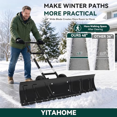YITAHOME 48" Snow Pusher with Wheels, Snow Shovel for Driveway, Solid Tires