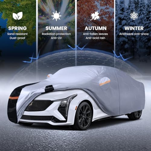 Multi-Layer Car Cover Custom Fit for Cadillac CT5(2019-2026), 100% Waterproof All Weather for Automobiles, Gift with Towel, Heavy Duty Car Covers for Rain Sun UV Protection with Door Zipper
