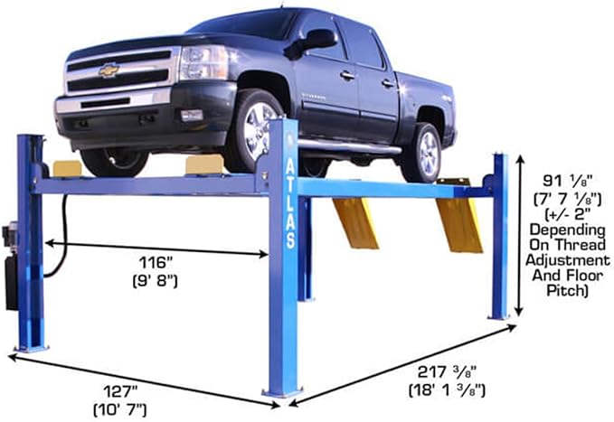 ATLAS Automotive Equipment 414 Commercial Grade 4-Post Vehicle Lift, 10’ Minimum Height, 14,000lb Capacity, Extra Tall/Wide/Long, Diamond Plated Runways, Air Operated Single Point Lock Release, 220V